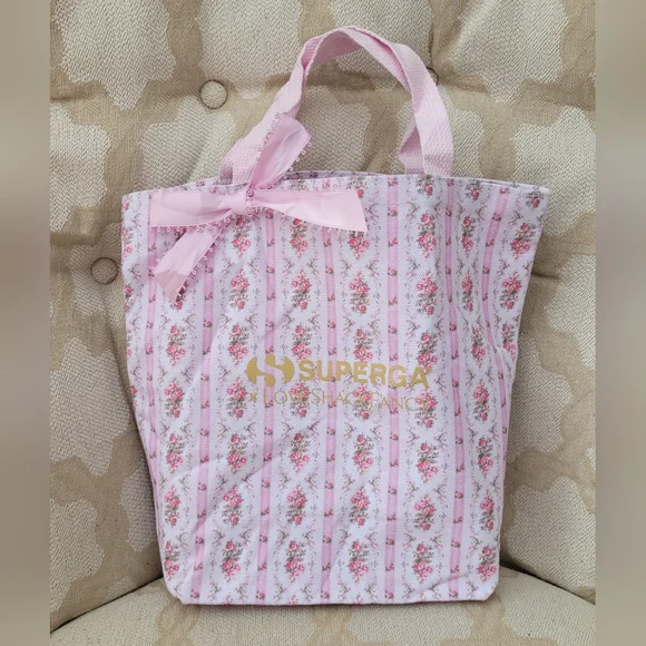 LOVESHACKFANCY X SUPERGA FLORAL BOW TOTE BAG PINK WHITE GOLD - Picture 1 of 14